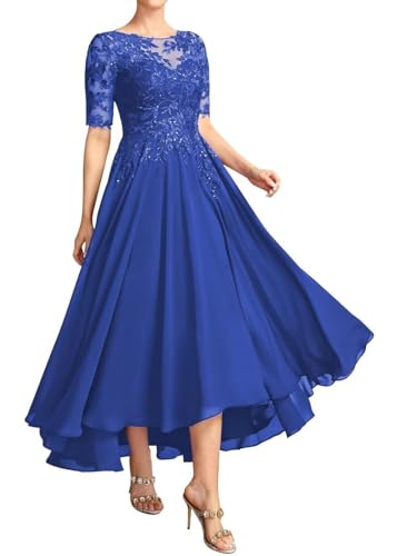 Tea Length Mother of The Bride Dresses for Wedding Chiffon Lace Applique Formal Evening Party Gown with Sleeves MK50