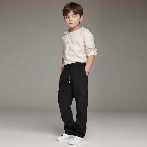 3 Pack Cargo Sweatpants for Boys Fleece Heavyweight Cargo Joggers Drawstring Elastic Waist Sweat Pants with Pockets 3-12 T2