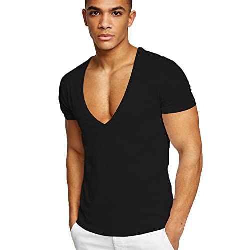 Rela Bota Mens Deep V Neck T Shirt Stretch Muscle Gym Workout Tee Shirt Short Sleeve Slim Fit Low Cut Tank Tops
