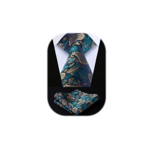 HISDERN Extra largo Floral Paisley lazo del panuelo Hombres Corbata & Plaza de bolsillo Conjunto Aqua / Brown Cover