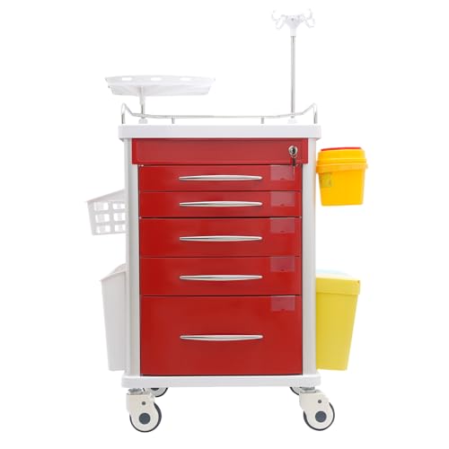 Medical Rolling Crash Cart with Accessories-CPR Board, 2 Trash Bin, Power Strip, Drawers with Dividers, Mobile Medical Cart for Clinic, Hospital, Nursing Center, Salon, 29.53 * 18.7 * 37.4in (Red)