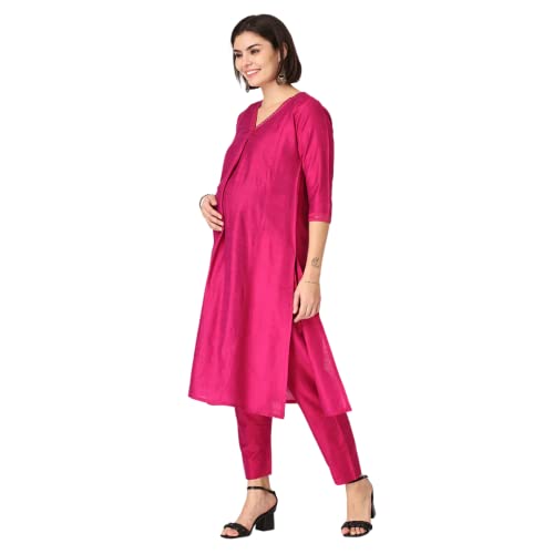 Image of The Mom Store Maternity Nursing and Feeding Kurta Set | Nursing Zippers | Pre and Post Pregnancy | Raw Silk | Kurta Pant Set | Solid |