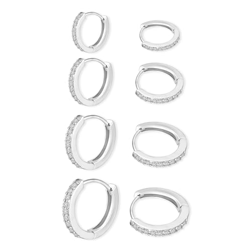 4 Paar Creolen Silber Ohrringe für Damen Klein Hoop Set mit Zirkonia Hypoallergen Knorpel Ohrringe Strass Creolen für Mehrere Piercings Klein Schlafen Hoop Silber 6mm/8mm/10mm/12mm