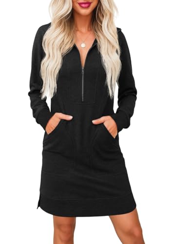 PrinStory Pulloverkleid Damen Langarm Strickkleid V-Ausschnitt Winterkleid Halber Reißverschluss Freizeitkleid Blumenkleid Mit Taschen (Schwarz, L)
