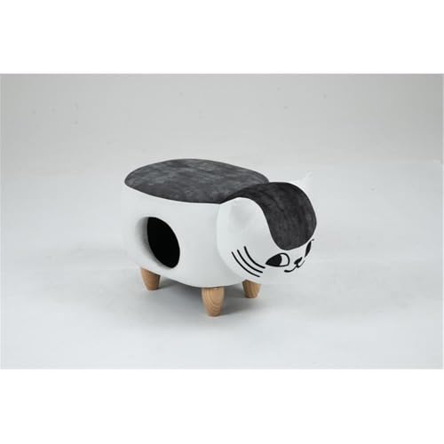 Image of Pemberly Row Cat Condo Fabric Pet House Ottoman, Multi-Color Finish, 15 in x 14 in x 24 in, Solid Wood Legs, Kitten-Shaped Design, Comfortable Pet Hideaway and Storage for Toys and Accessories