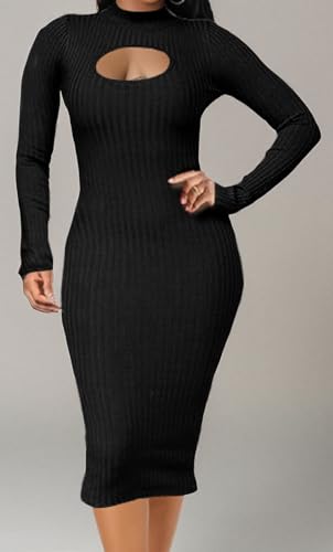 Image of Oxgmoky Women's Church Long Sleeve Sweater Dress Ribbed Bodycon Midi Work | Soft ribbed knit bodycon midi sweater dress with sleeveless cut and round neck for church, work and dinners