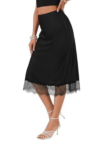 Vrtige Women's Satin Midi Skirt Elegant Silky Lace Trim High Waist Zipper Midi Skirt3
