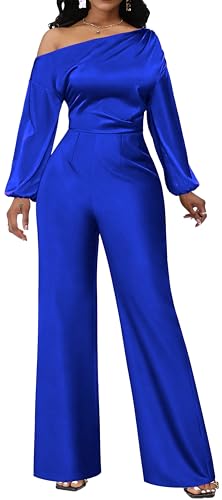 sexycherry Blue Satin Jumpsuits for Women Dressy One Off Shoulder Rompers