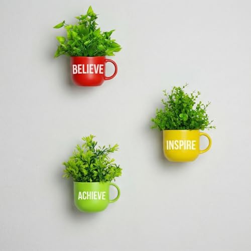 Image of Dekorly Colorful Wall-Mounted Mug Planters with Faux Greenery(20 CM)- Wall Decorative Pots for Vibrant Home & Office Decor| (3, Believe Inspire Achieve)