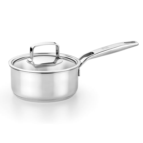 Image of BRA COOKWARE Signature Stainless Steel Sauce Pot w /Glass Lid | 6.3 Inch 1.2 Quart Professional Grade Saucepan | PFOA Free Warming Pot | All Cooktops | All Cooktops (incl. Induction) & Oven Safe