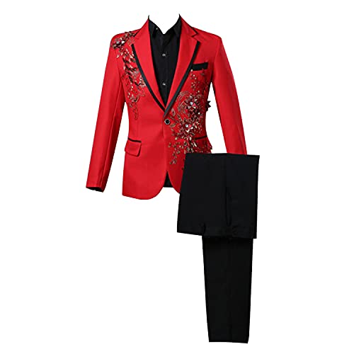 Mens 2 Pieces Luxury Embroidered Suits 1 Button Print Dinner Tuxedo Jacket Pants Prom Wedding Elegant Blazer Dress Suit (Red,X-Large)