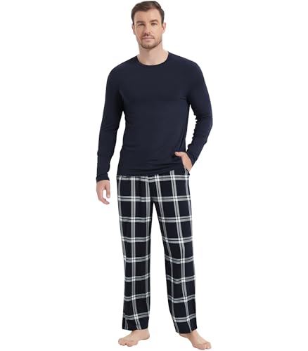Image of NACHILA Pajamas for Men-Viscose Made from Bamboo, Long Sleeve Pajamas Set Comfy Sleepwear Pants Soft V Neck Pjs with Pockets