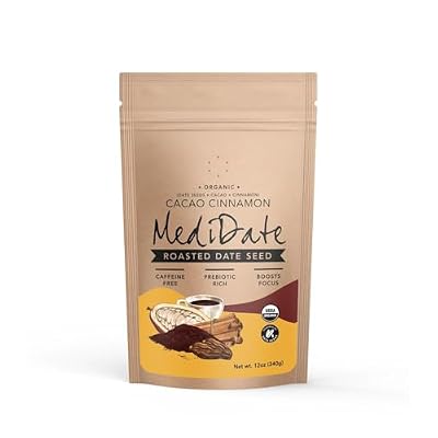 MEDIDATE Coffee Alternative - Roasted Date Seeds + Cacao + Cinnamon - Naturally Occurring Prebiotics | Polyphenols | Caffeine & Acid Free (12 oz. / 25 Servings)