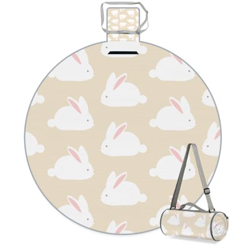 Shimoshe Cute Bunny Picnic Outdoor Blanket Foldable Waterproof Sandproof Beach Blanket Portable Water-Resistant Round Picnic Mat for Travel Camping Park Lawn