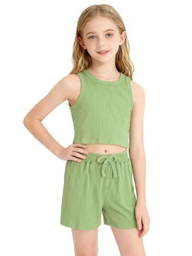 Image of NEW 6-14Y Tween Girls Stretchy Rib Knit Outfit Rayon Tank & Shorts Set Casual Lounge Playwear
