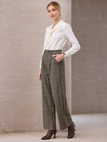 Women's Plaid Work Pant Vintage Houndstooth Wide Leg Straight Long Trousers3