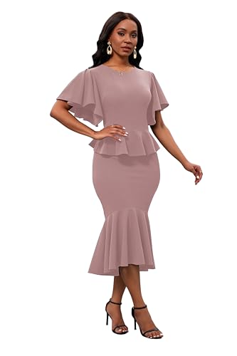 Image of Womens Summer Ruffle Short Sleeve Fishtail Dress Evening Cocktail Formal Peplum Midi Mermaid Dresses Elegant