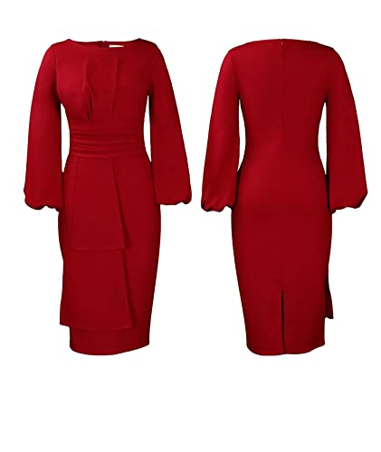 ECDAHICC Women's Elegant Formal Plus Size Dresses Puff Long Sleeve Round Neck Patchwork Bodycon Business Pencil Midi Dress3