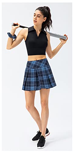 Women's Tennis Skirt Pleated Golf Skort High Waisted Plaid Lightweight Athletic with Shorts Pockets Casual Gym Workout Blue Plaid XXL - Thumbnail 4