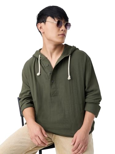 Image of The Souled Store Cotton Gauze Hoodie: Storm Men and Boys Full Sleeves Hooded Neck Olive Green Solid Textured Cotton Oversized Fit Double Cloth Everyday All-Season Hoodie