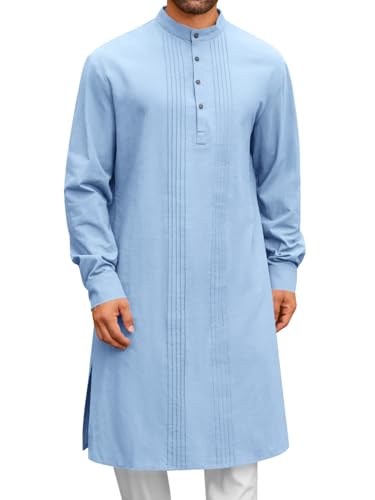 Image of Runcati Mens Kaftan Robe Button Down Long Sleeve Cotton Linen Thobe Casual Muslim Gown Henley Shirt