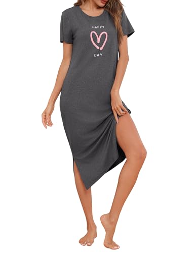 Jahetuul Chemise de Nuit Longue Femme Manches Courtes Col Rond avec Imprimé Cœur et Fente au Bas Robe de Nuit Confortable pour la Maison