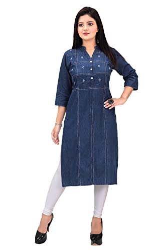 Enterprises Anmol Fashion Dark Blue Solid Straight Fit Denim Kurti for Women (X-Large)