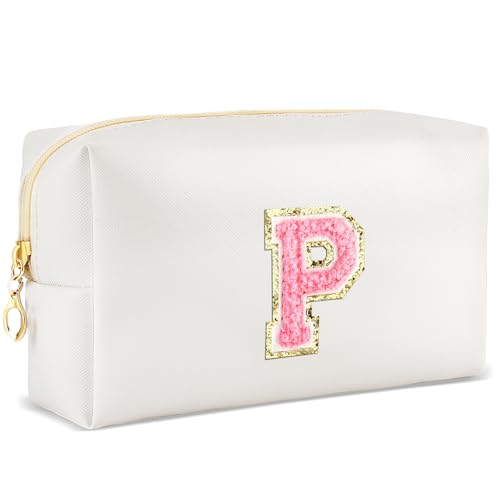 URSKYTOUS Bolsa de maquillaje con inicial personalizada, pequeña bolsa de cosméticos de viaje, bonita bolsa de maquillaje de felpilla blanca de poliuretano para bolso, organizador de artículos de