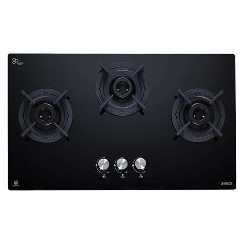Image of Elica 75cm 3 Burner Auto Ignition Hob | RG FLEXI 375 LOTUS IND HD Brass | SABAF Brass Burners | Built-in & Freestanding | Toughened Black Glass | 10-Year Burner & 5-Year Glass Warranty