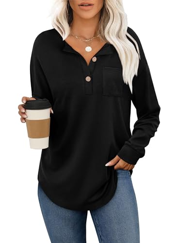 Aokosor Womens Sweatshirts Ladies Jumpers for Women UK Long Sleeve Tops Ladies Buttons Sweatshirts Balck Size 10-12