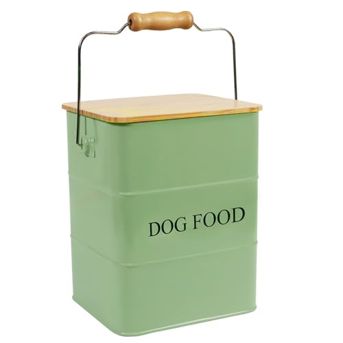 ZoeQide Hundefutter Aufbewahrungsbox Metall 6L – Futterbehälter Hund mit Holzdeckel, Griff & Schaufel – Luftdichte Vorratsdose für Trockenfutter & Snacks – Leckerli Box Armeegrün