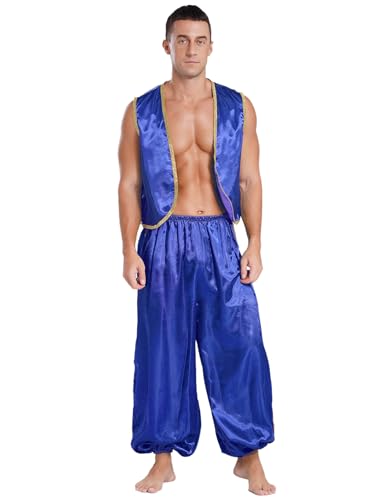 ranrann Disfraz de Princípe Árabe Adulto Hombres Traje de Aladino 2Piezas Blusa y Pantalones Bombacho Cosplay Disfraz Halloween Carnaval Fiesta S-4XL Azul Real S