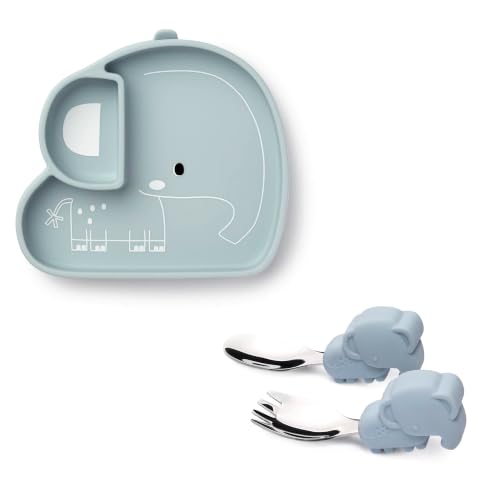 Image of Loulou Lollipop Baby Suction Plate, Fork and Spoon Feeding Set, Elephant | Divided self-feeding plate plus chunky-grip stainless steel fork and spoon; made from food-grade silicone, BPA and PVC free