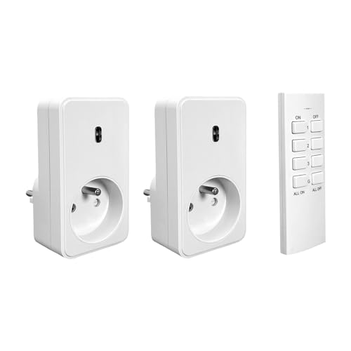 Kit 2 prises marche/arrêt commandées à distance + telecommande, portée 70m, 433,92 Mhz, 3680W max, 16A, 230V - Tibelec