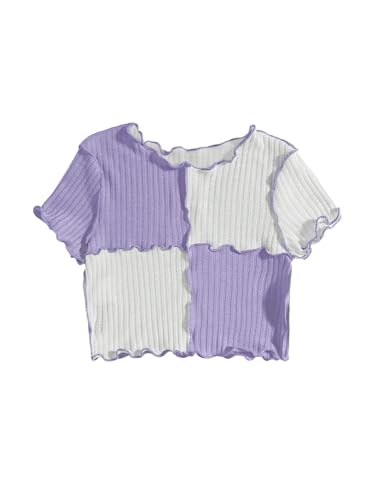 Image of Milumia Girl's Rib Knit Color Block Crop Tee Short Sleeve Lettuce Trim Crewneck Tshirt