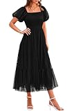 PRETTYGARDEN Women's Smocked Midi Tulle Dress 2025 Summer Puffy Short Sleeve Square Neck Ruffle Wedding Guest Party Dresses (Black,Medium)