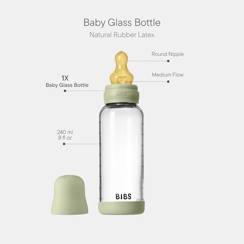 Image of BIBS Baby Glass Bottle. 8 US fl oz / 240 ml. Anti-Colic. Vented Round Natural Rubber Latex Nipple. Supports Natural Breastfeeding, Medium Flow, Complete Set - Sage