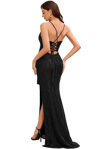 Image of Women's Long Sequin V-Neck Mermaid Formal Dress Backless Slit Sparkly Glitter Cocktail Dresses Ruched Prom Dress