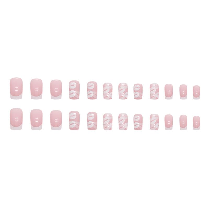 Miniatura 5 de Uñas postizas rosas para el día de San Valentín, uñas cuadradas medianas a presión para mujeres y niñas con diseños de besos, uñas de punta