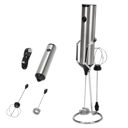Madrigal Rechargeable Milk Frother with Stand, Dual 304 Stainless Steel Whisks, USB-C Mini Mixer for Drinks, Cappuccino & Hot Chocolate, 3-Speed Handheld Drink Mixer for Lattes