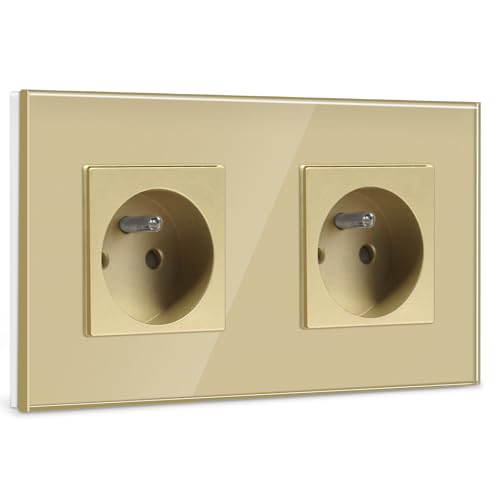 BSEED Prise Murale,Standard Français 16A Double Prise de Courant Alternatif avec Panneau en Verre Cristal (2 Prise, Or)
