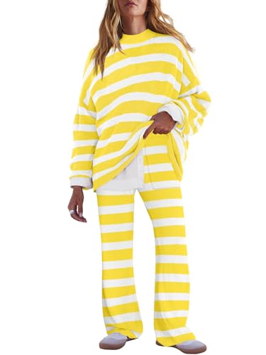Image of LAMISSCHE Oversized Womens Lounge Set Striped Sweater Set Long Sleeve 2 Piece Pajama Set Top and Pants with Pockets