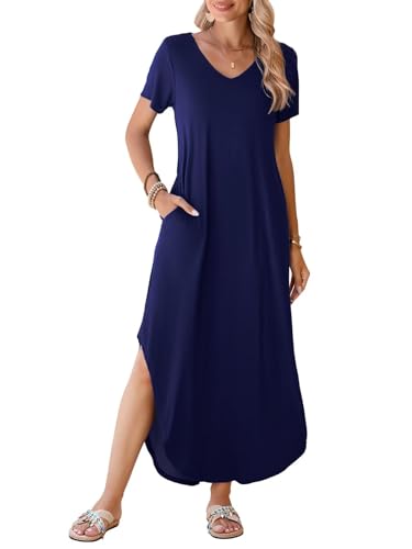 Image of BELAROI Plus Size Maxi Dress for Women Summer Casual V Neck Short Sleeve Long Dress with Pockets Beach Vacation Cover Up