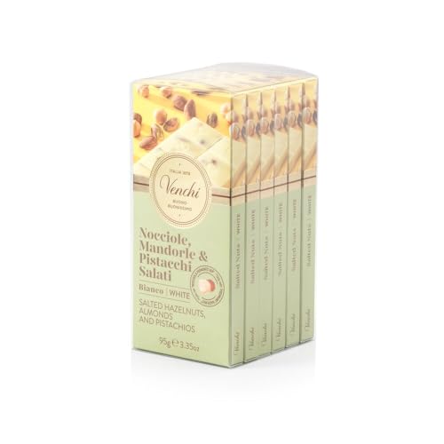 Venchi - Kit di 6 Tavolette di Cioccolato Bianco Salato con "Nocciola Piemonte IGP" Intera, Mandorle e Pistacchi interi, 570 g, Senza Glutine, Senza Coloranti e Senza Conservanti