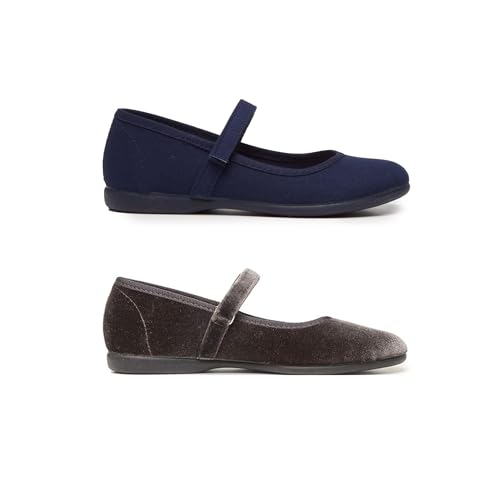 Mary Jane Flats Bundle – Girls' Shoes for School, Weddings and Casual Wear – Canvas Navy & Velvet Grey Size 11 Little Kid