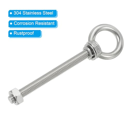 Image of PATIKIL M10 x 100mm Lifting Shoulder Eye Bolt, 2Pcs 304 Stainless Steel Lifting Ring Threaded Eyebolt with Nuts Washers for Hanging Hammocks Articles