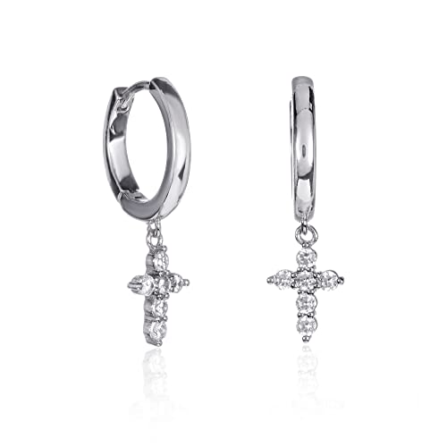 ZAVANA Boucles d’Oreilles Créoles Argentées pour Femme – Créoles Huggie avec Petits Pendentifs Croix sertis de Pierres Zirconium, Bijoux en Argent...