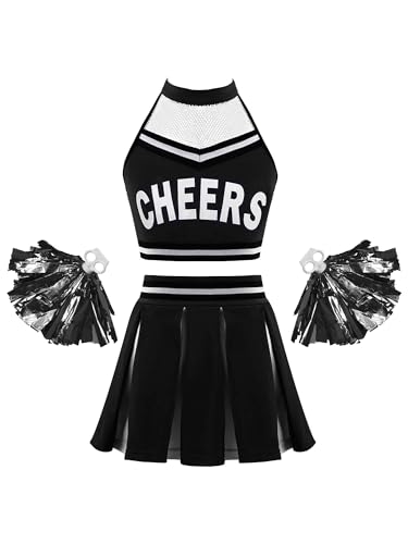 Moily Girls Classic Cheerleading Team Uniform Mesh Splice Crop Top with Pleated Boxer Skirts Rooter Stage Suit
