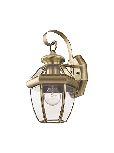 Image of Livex Lighting 2051-01 Monterey 1 Light Outdoor Antique Brass Finish Solid Brass Wall Lantern with Clear Beveled Glass | Clear Beveled Glass; Solid brass construction