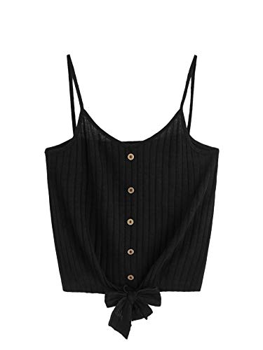 SheIn Women s V Neck Tie Knot Front Ribbed Knit Sleeveless Cami Tank Crop Top Medium Black